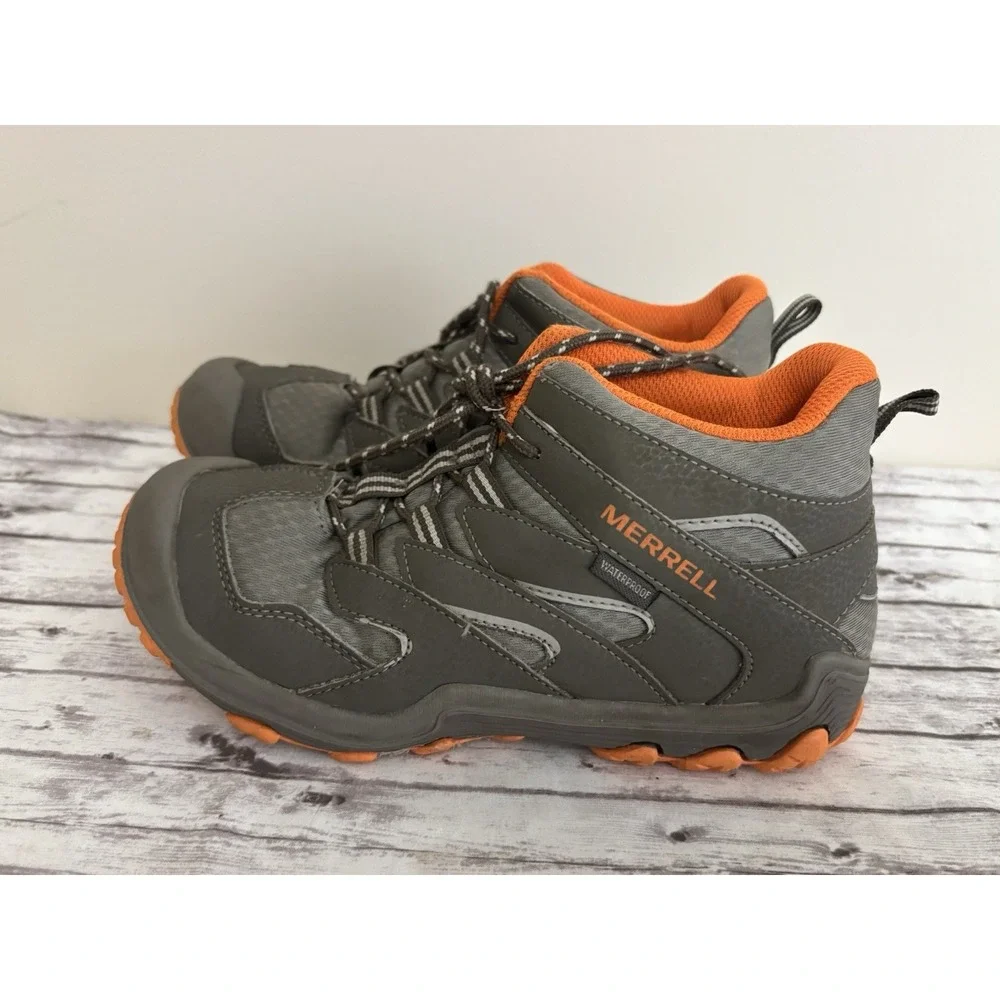Merrell Chameleon Access Mid Kids Size 4.5 Gray Orange Waterproof Hiking Boots